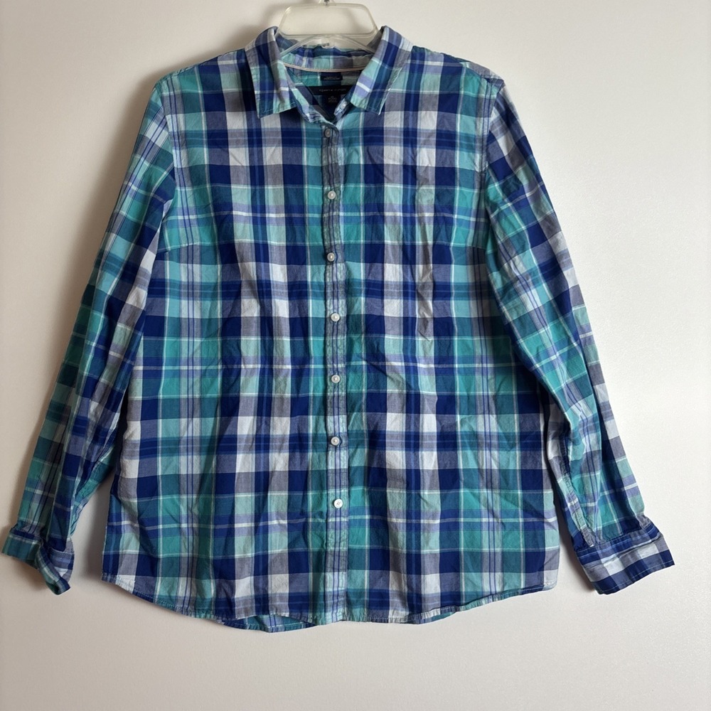 Tommy Hilfiger Mens Button Up Blue Plaid Shirt Size XL Long Sleeve Preppy